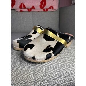 Lili & Lala Stockholm Åre Cow Print Calf Hair Wooden Clogs Gold Strap Swedish